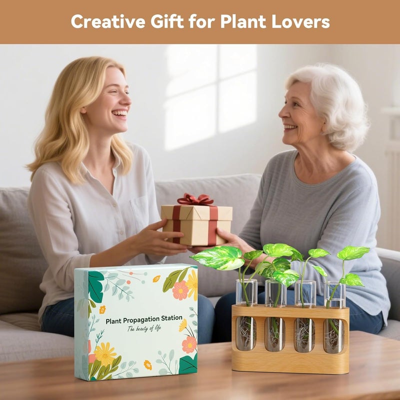 Giunn Plant Propagation Station with 9-Speed Adjustable LED Lights, Wooden Stand, 4 Glass Test Tubes for Hydroponic Plants, Unique Gift for Plant Lovers - Image 3